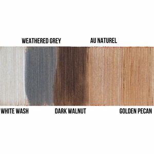 Wood stain options: white wash, weathered grey, dark walnut, au naturel and golden pecan 
