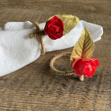 Load image into Gallery viewer, Coral &amp; Red Rose With Metallic Gold Leaf Napkin Ring Set