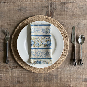 Beige and Blue Striped Vintage Floral Cloth Dinner Napkins - Set of 4