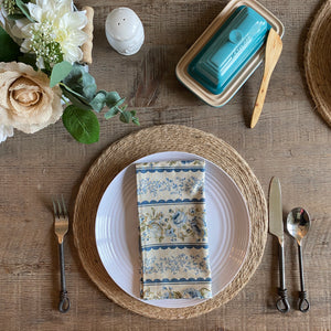 Beige and Blue Striped Vintage Floral Cloth Dinner Napkins - Set of 4