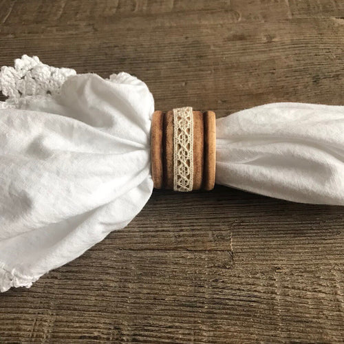 Wood With Ivory Lace Napkin Ring Sets