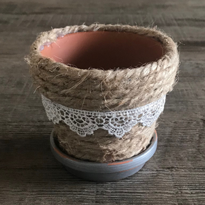 Jute Rope and Lace Flower Pot with Metallic Saucer